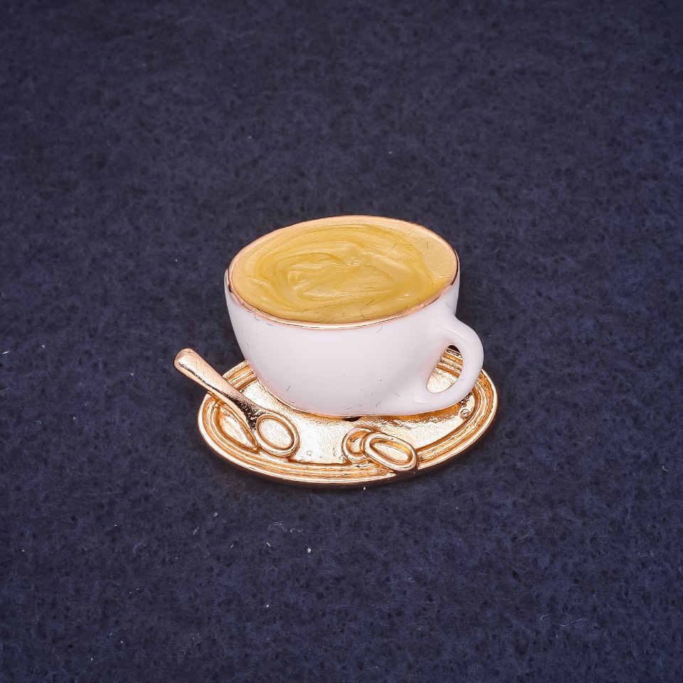 Brooch 'Cup of Coffee' 25x30 mm Enamel, White and Yellow, Gold-Tone Metal