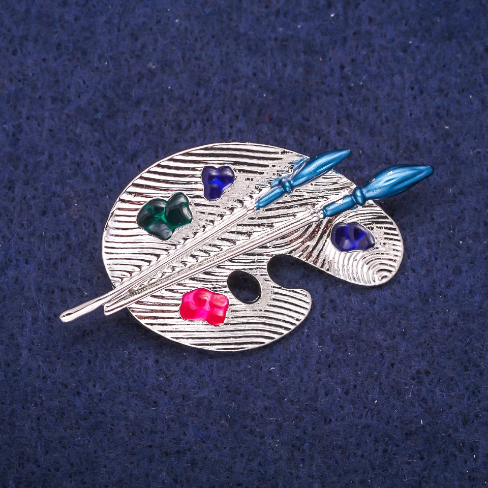 Brooch Enamel Palette, silver-toned metal 26x50mm
