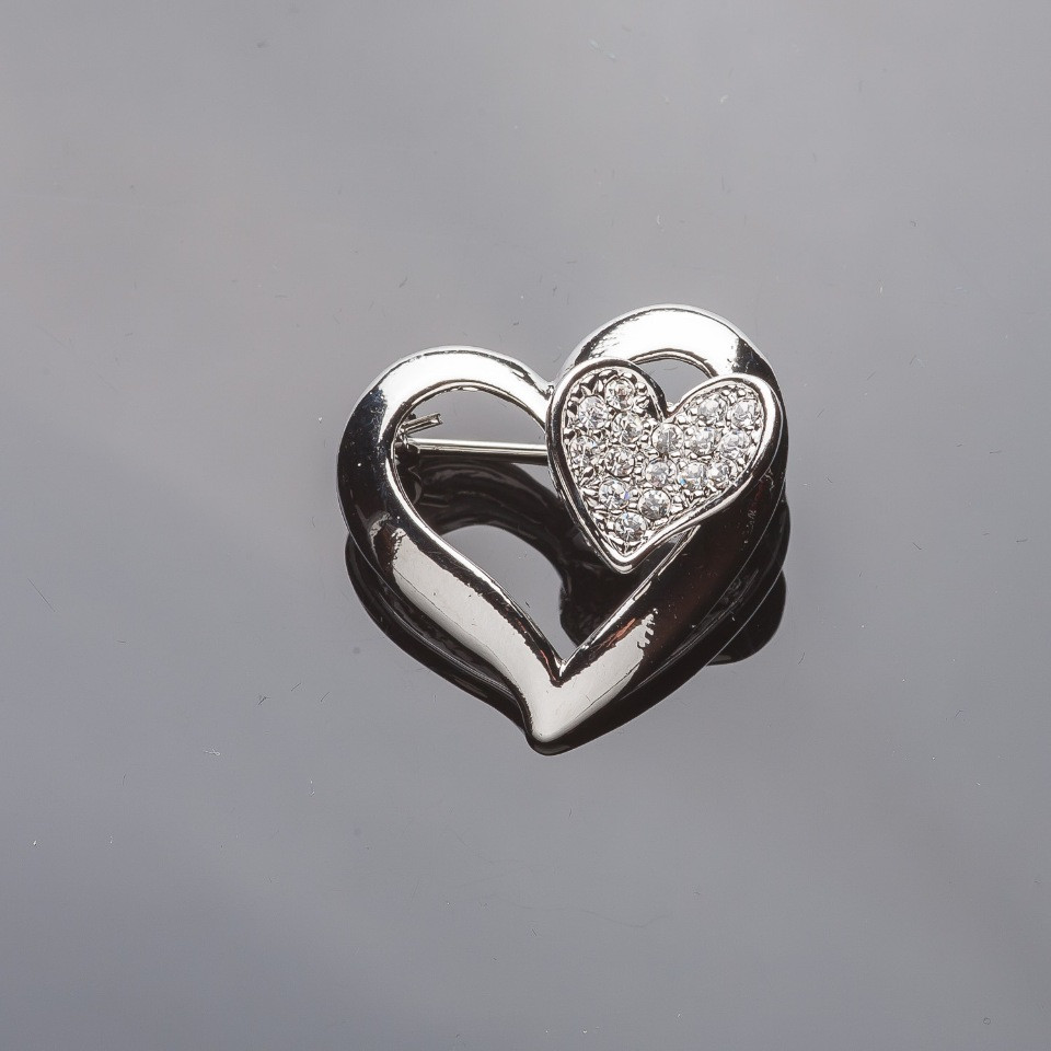 Silver Brooch 'Two Hearts' with White Crystals, 3 cm