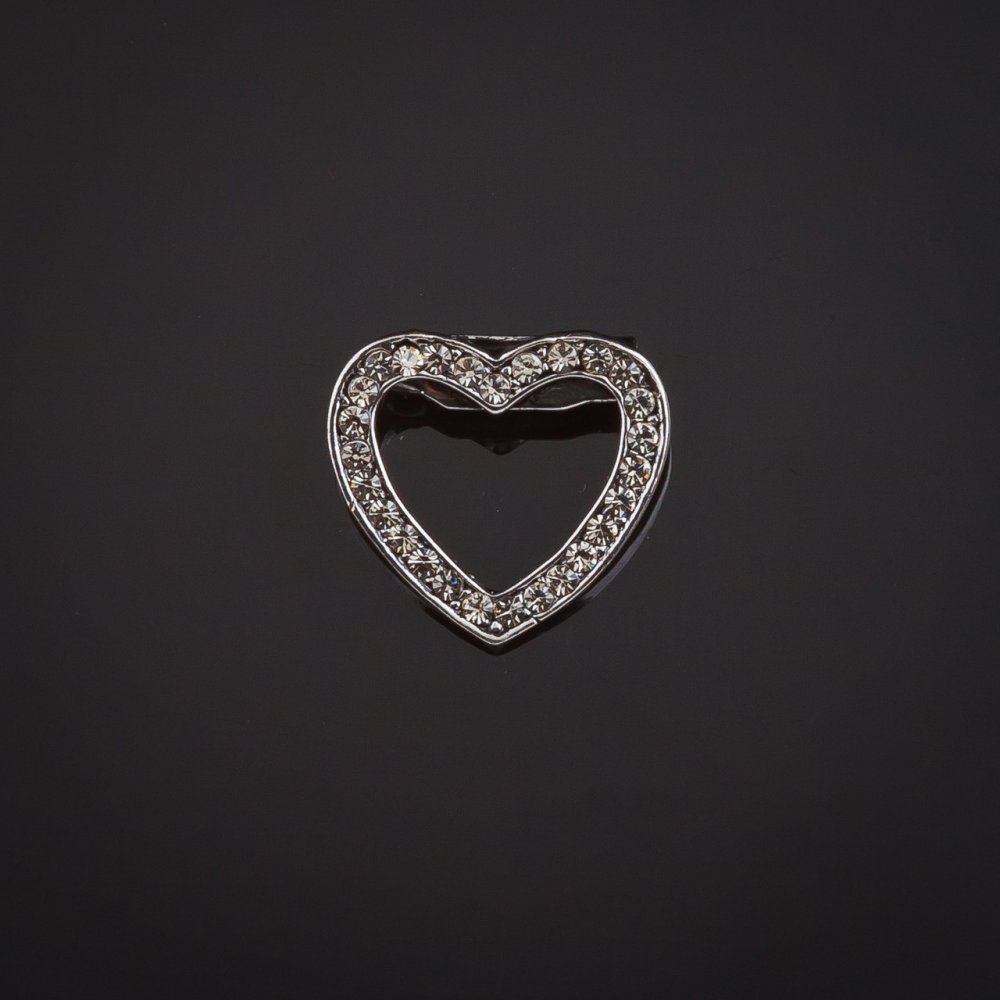 Heart Brooch, silver-toned metal and crystals, 20x18mm +