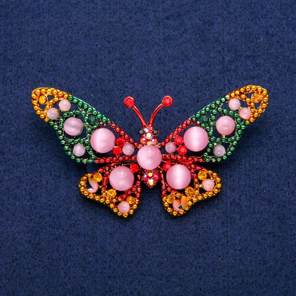 Brooch pendant Butterfly with Cat's Eye beads, enamel and crystals, 44x78mm, gold-tone metal