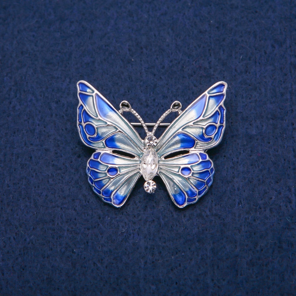 Butterfly Brooch with White Crystals and Blue Enamel, Gold-Tone Metal 31x37mm