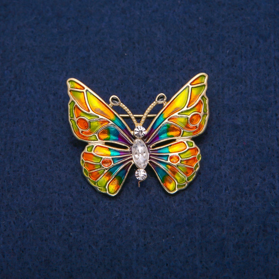 Butterfly Brooch with White Crystals and Multicolor Enamel, Gold-Tone Metal 31x37mm