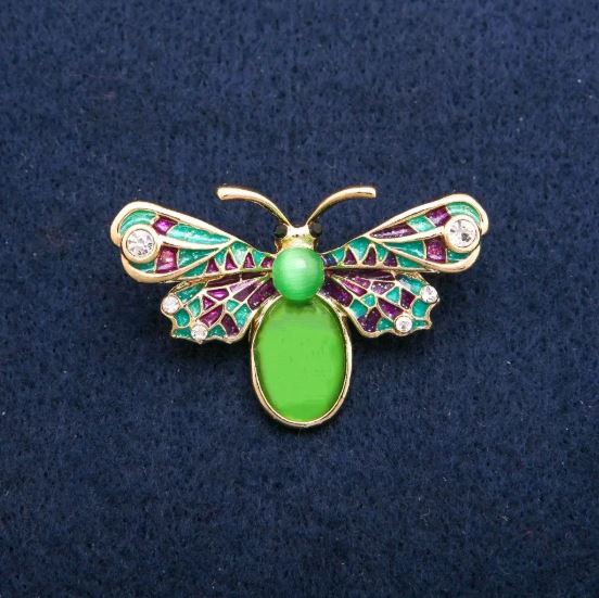 Butterfly Brooch with Colorful Enamel, White Crystals, and Green Cat's Eye, Gold-tone Metal 27x42 mm