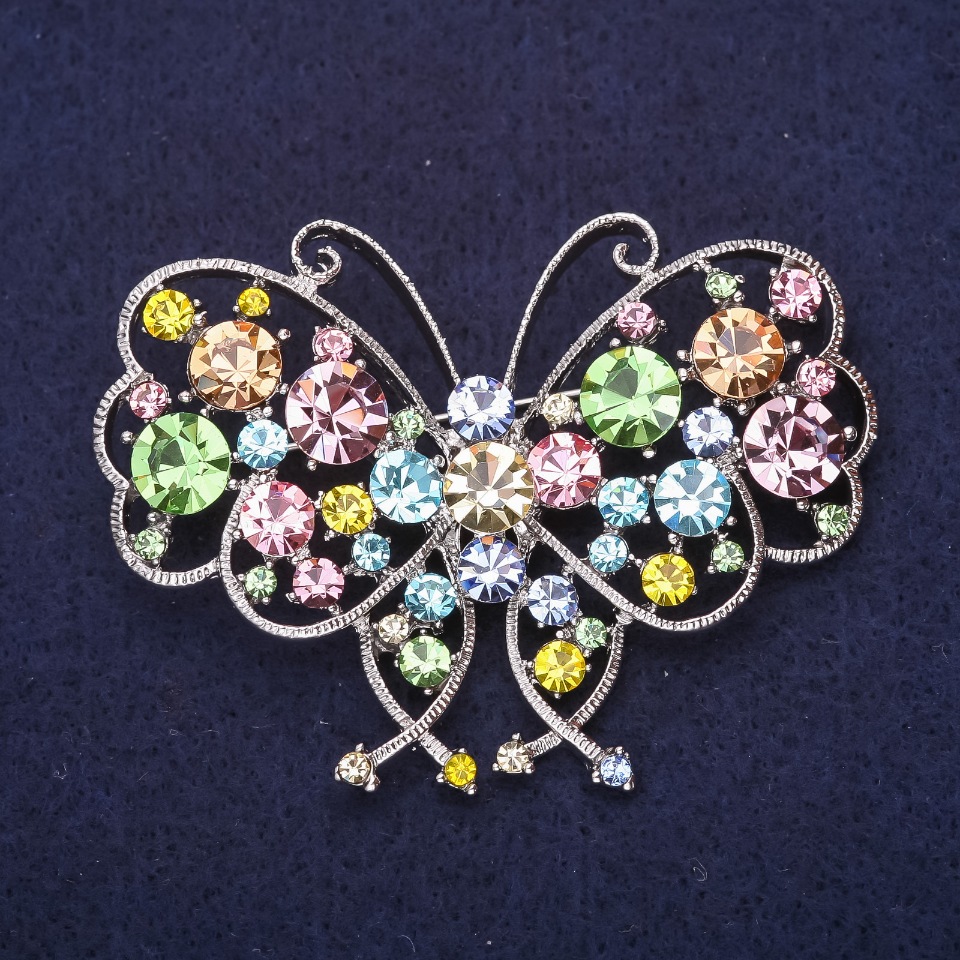 Butterfly Brooch with Rhinestones in Pink, Blue, Green, and Yellow; 63×47 mm; Silver-tone metal