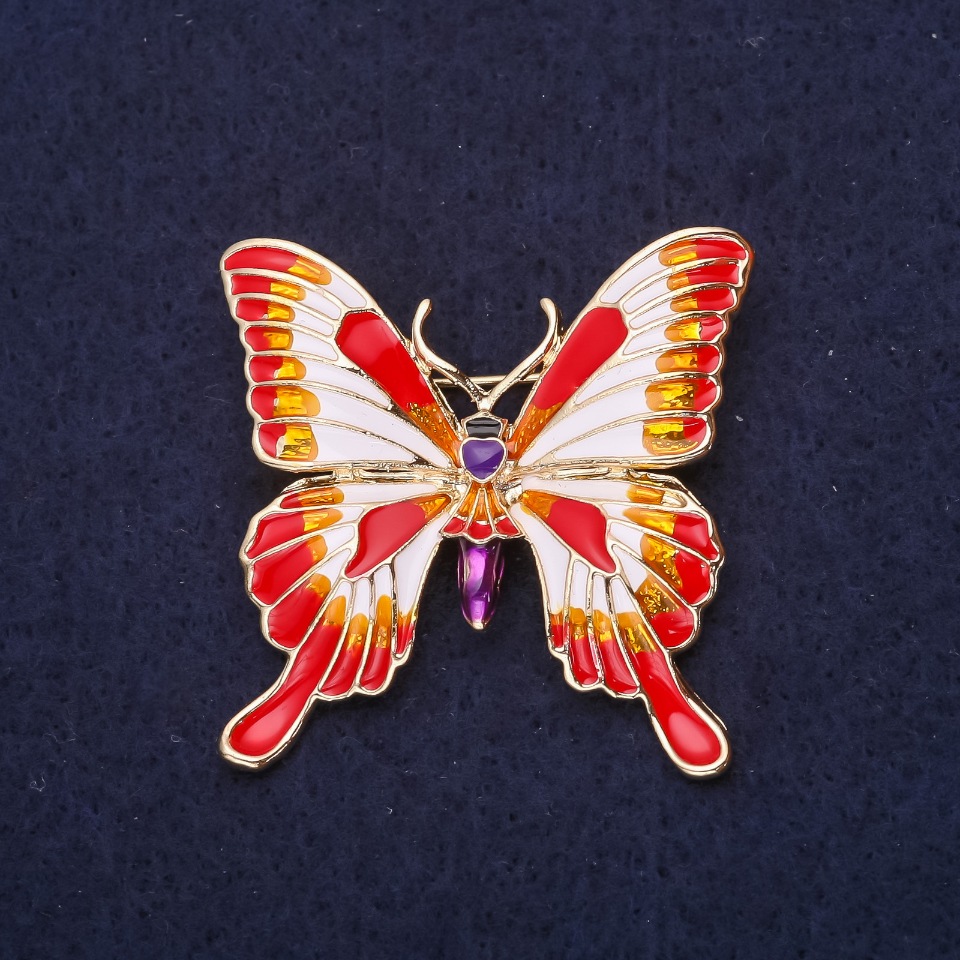 Enamel Butterfly Brooch in Red, White, Orange and Purple, 36×37 mm, Yellow Metal