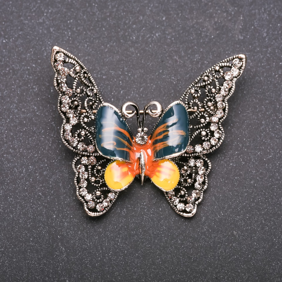 Lacy Butterfly Brooch with Yellow-Green Enamel on Gray Metal, 50x40mm