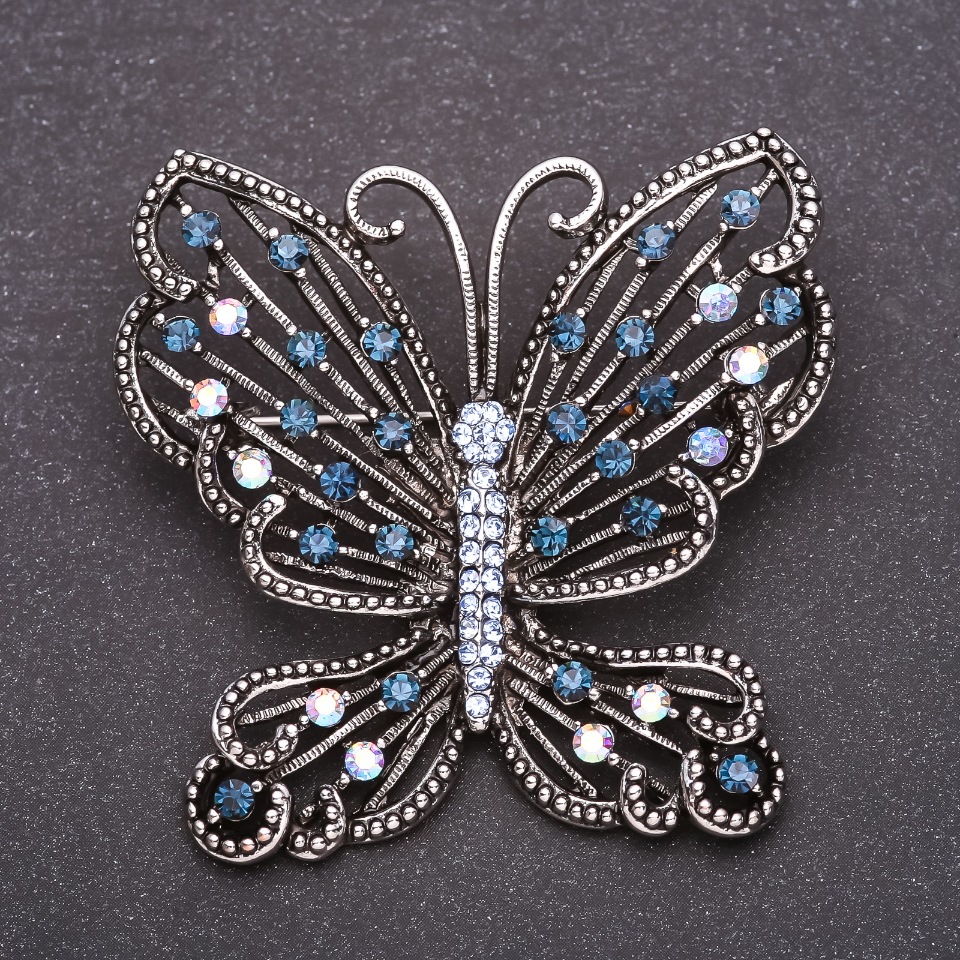Brooch 'Butterfly with Blue Crystals' 53×54 mm Gray Metal