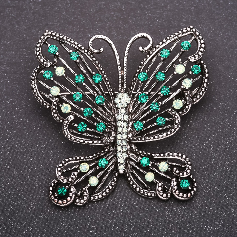 Butterfly Brooch with Green Rhinestones, 52×56 mm, Gray Metal