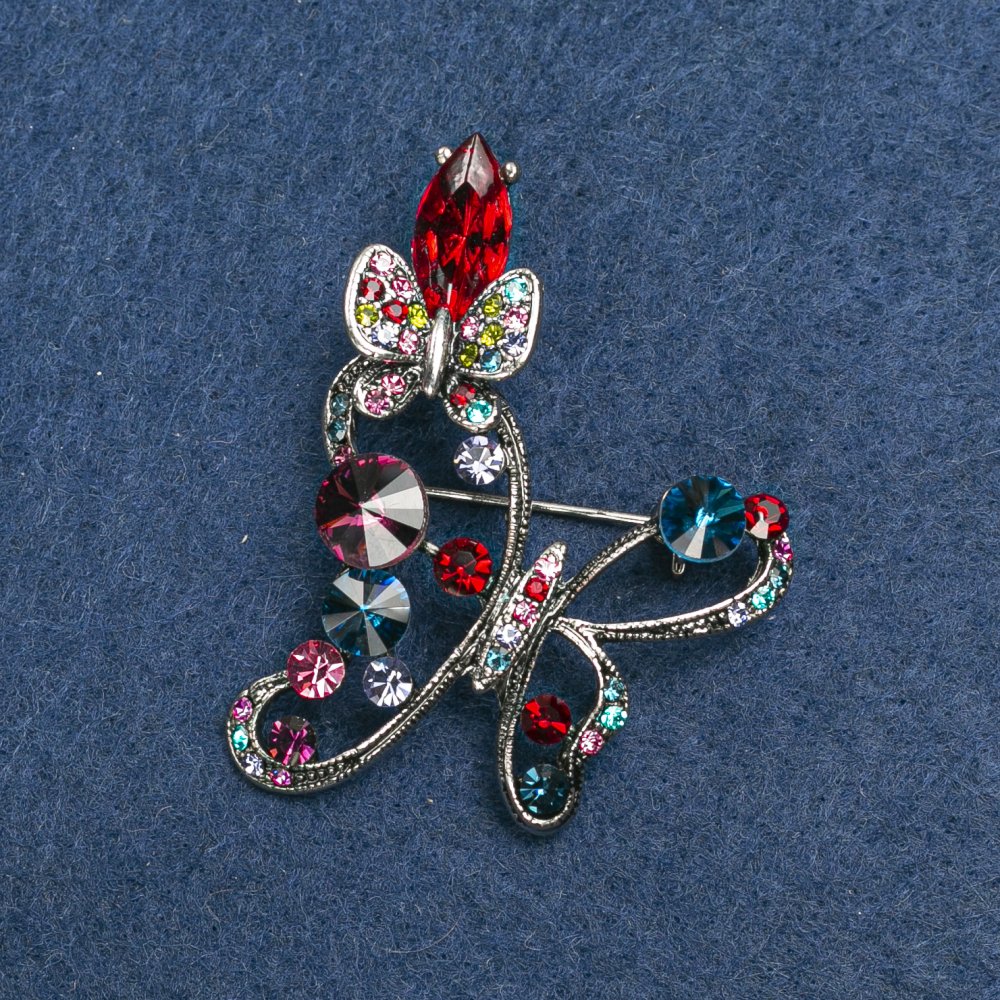Brooch Butterfly silver-tone metal and rhinestones 50mm +