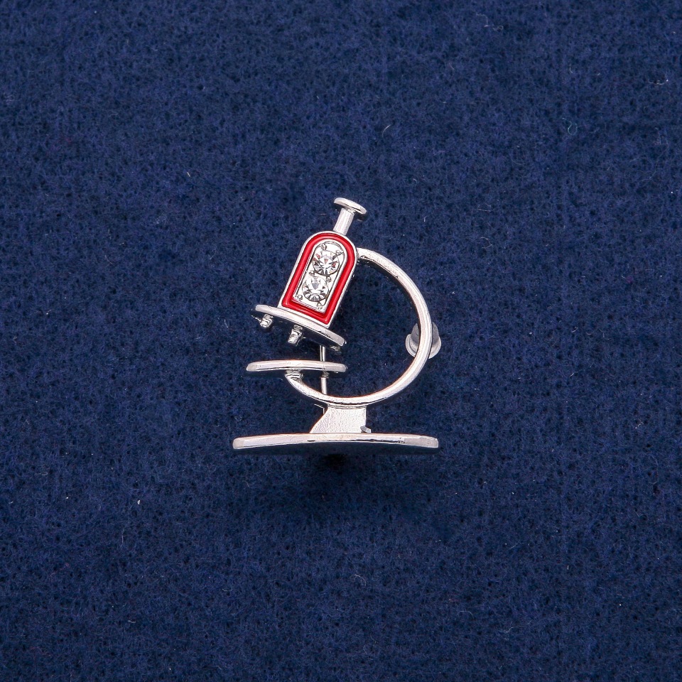 Microscope Brooch with Enamel and Rhinestones 24x31mm, silvery metal