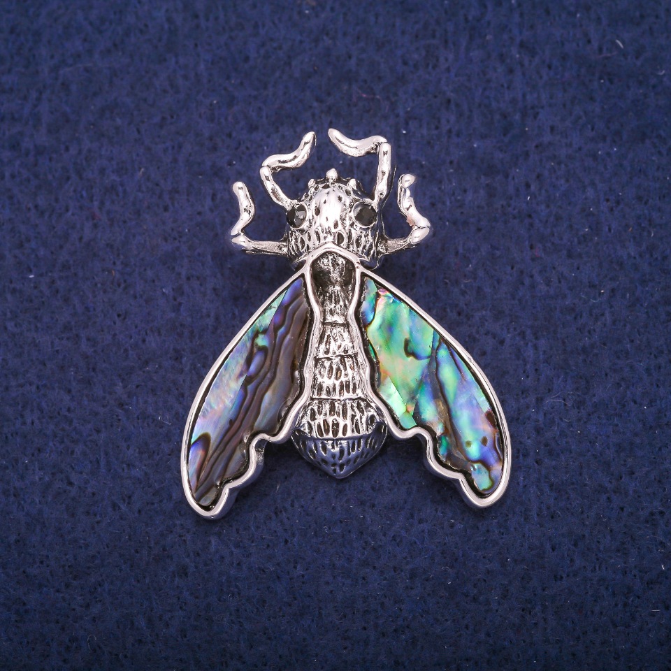Butterfly Brooch with Chalcedony Inlay, Silver-tone Metal 37x44mm