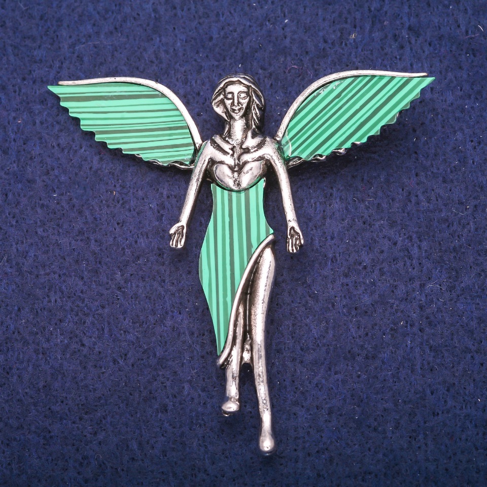 Angel Brooch with Malachite Inlay (Pressed) Silvery Metal 59×60 mm