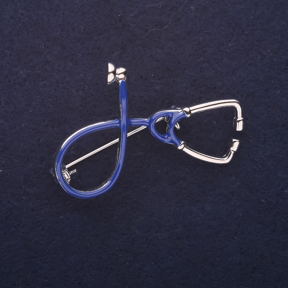 Brooch 'Stethoscope' blue enamel 44×30mm silver-tone metal