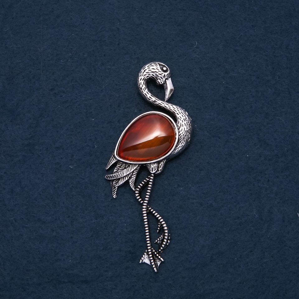 Flamingo Brooch Pendant with Natural Carnelian 85x30mm