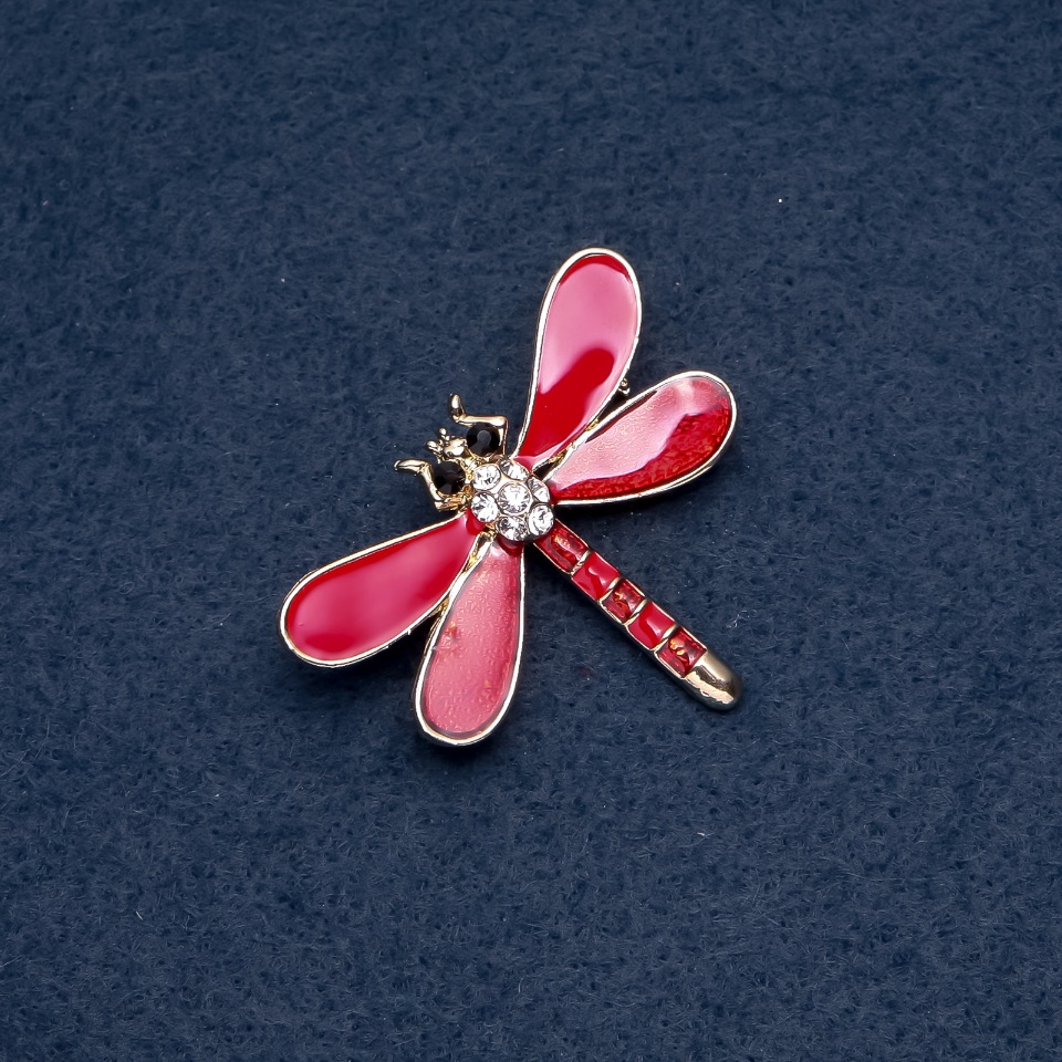 Brooch 'Dragonfly' with Red Wings, 35×45 mm, Insect Series, Metallic Color