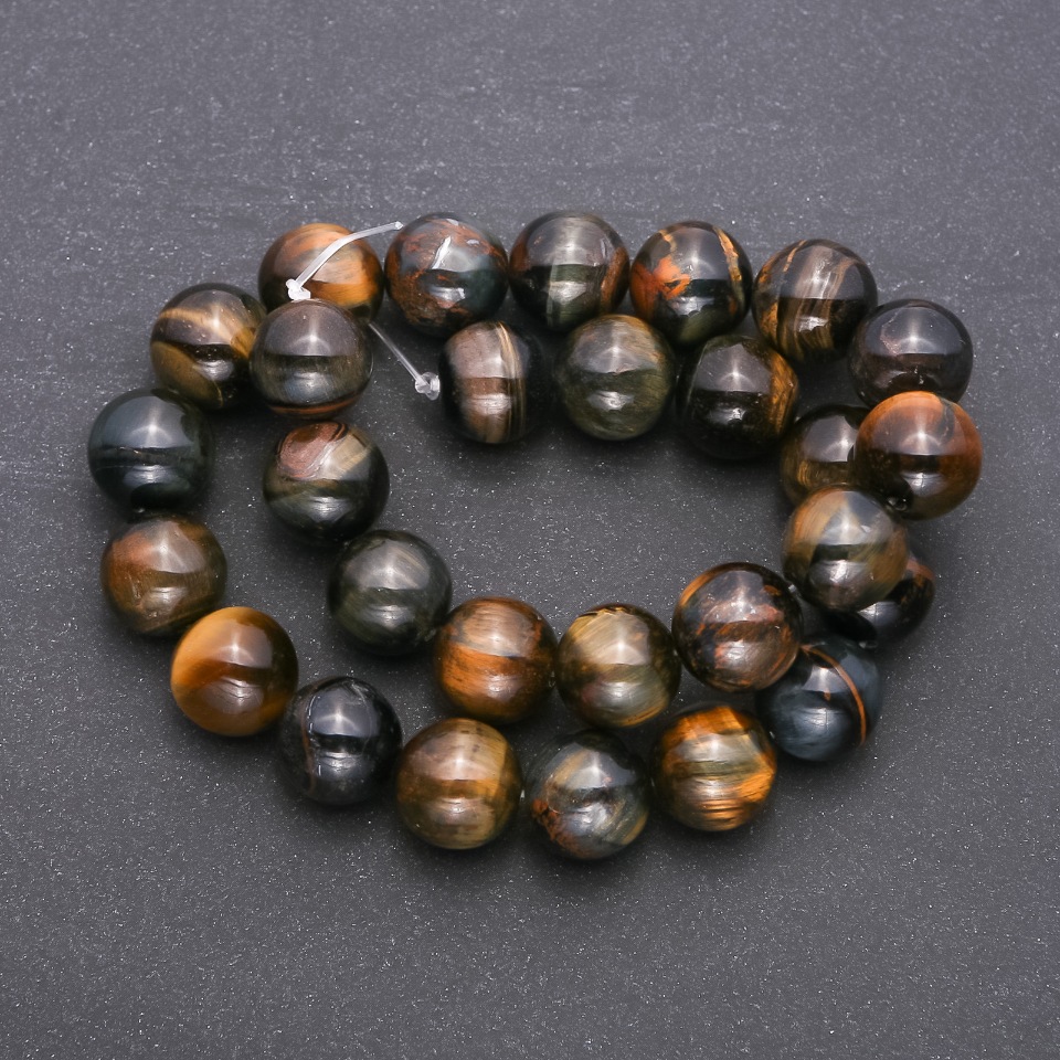 Beads of natural Falcon's Eye stone, smooth round bead, 14 mm diameter, 38 cm strand