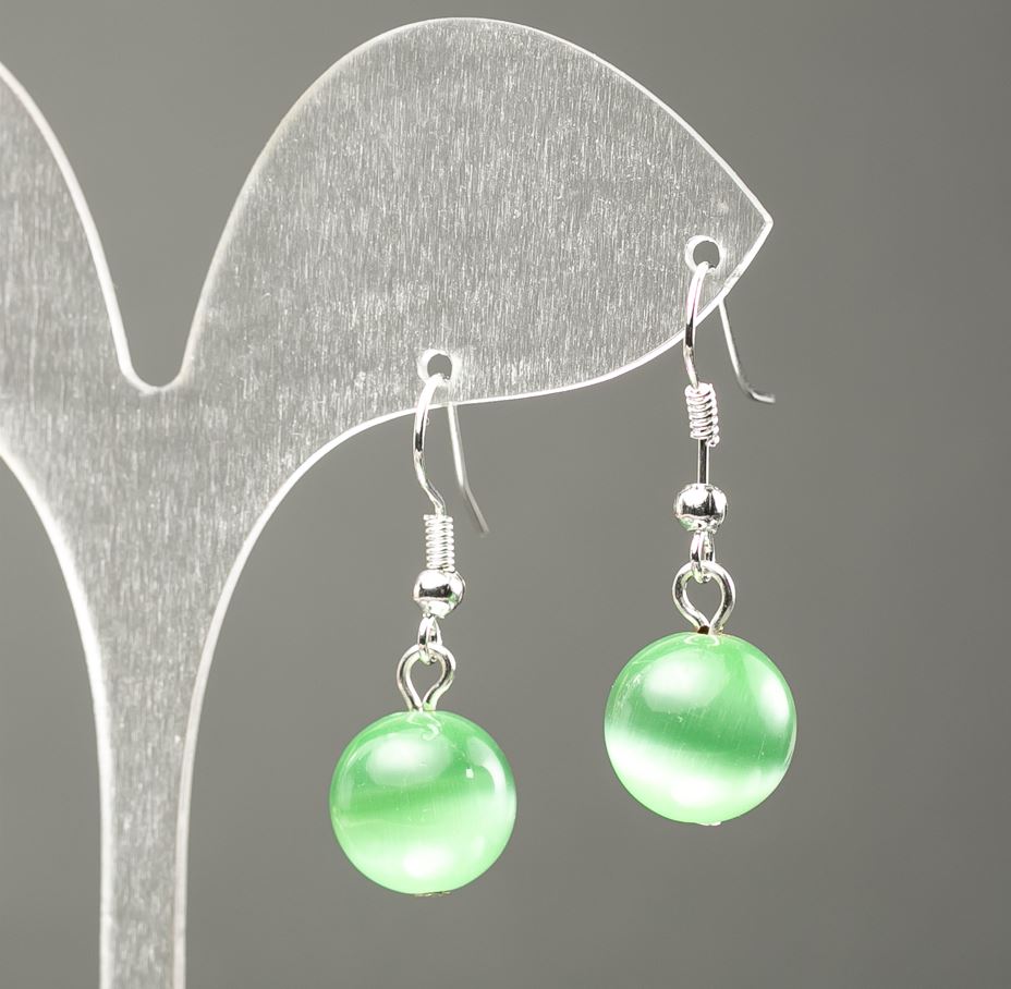 Earrings with green Cat's Eye natural stone, diameter 10 mm, length 31 mm