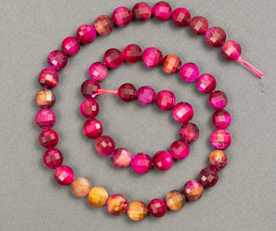 Natural tiger's eye bead strand, toned faceted coin bead, raspberry color, 8x6 mm diameter, 39 cm length +