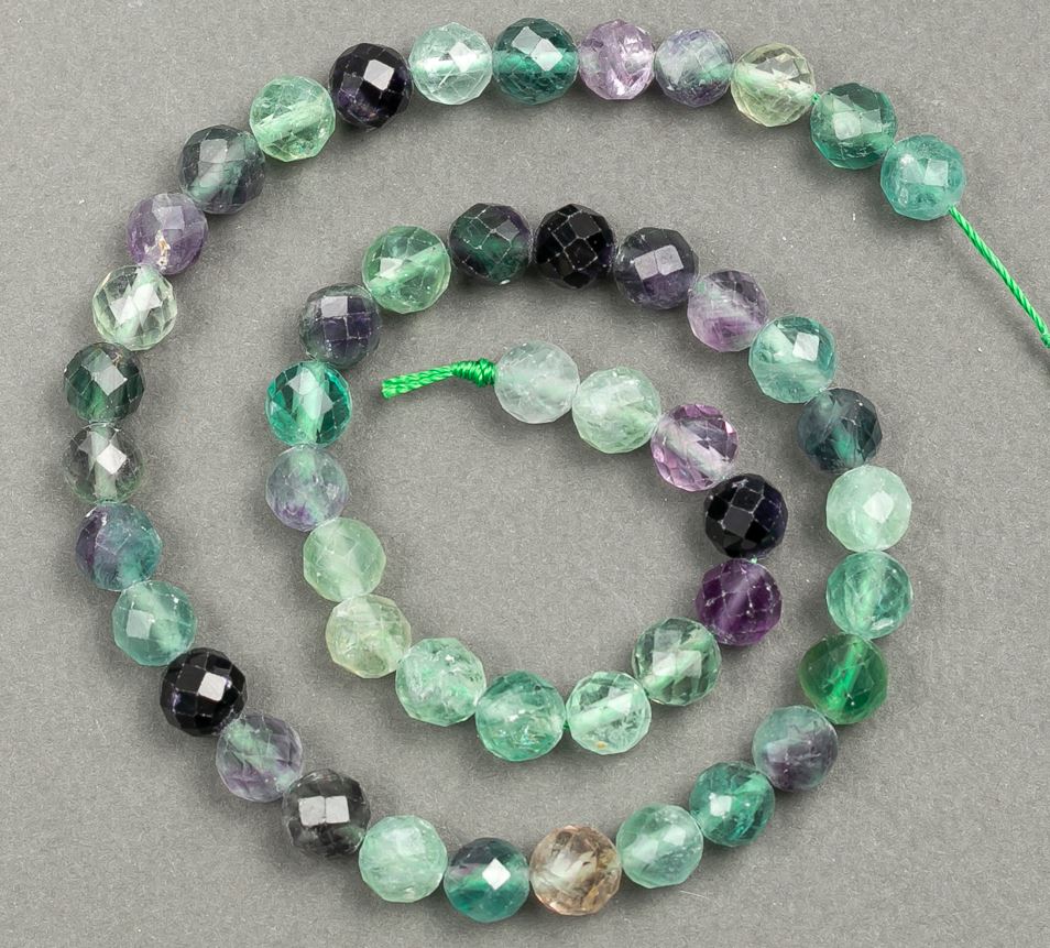 Natural fluorite stone faceted beads on thread, 8 mm diameter, 37 cm length +