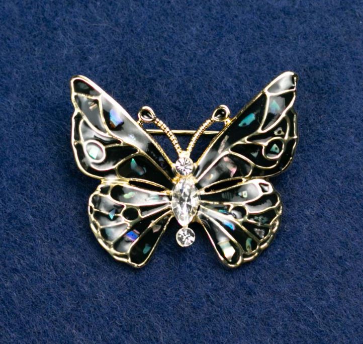 Brooch 'Butterfly' with White Crystals, Dark Gray Enamel with Halite, Gold-Tone Metal 37x32mm