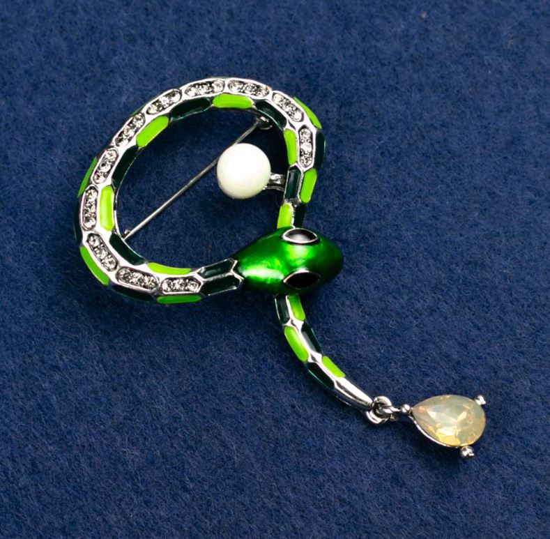 Brooch 'Snake' green enamel with crystal, bead and white rhinestones, silver-colored metal 35x64mm