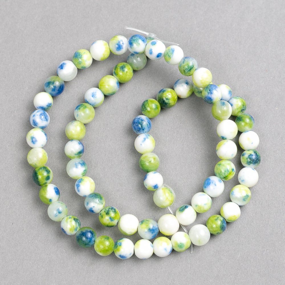 Beads green-blue-white 'Agate' (artificial acrylic) on fishing line, smooth round beads, 6 mm diameter, 40 cm long ±