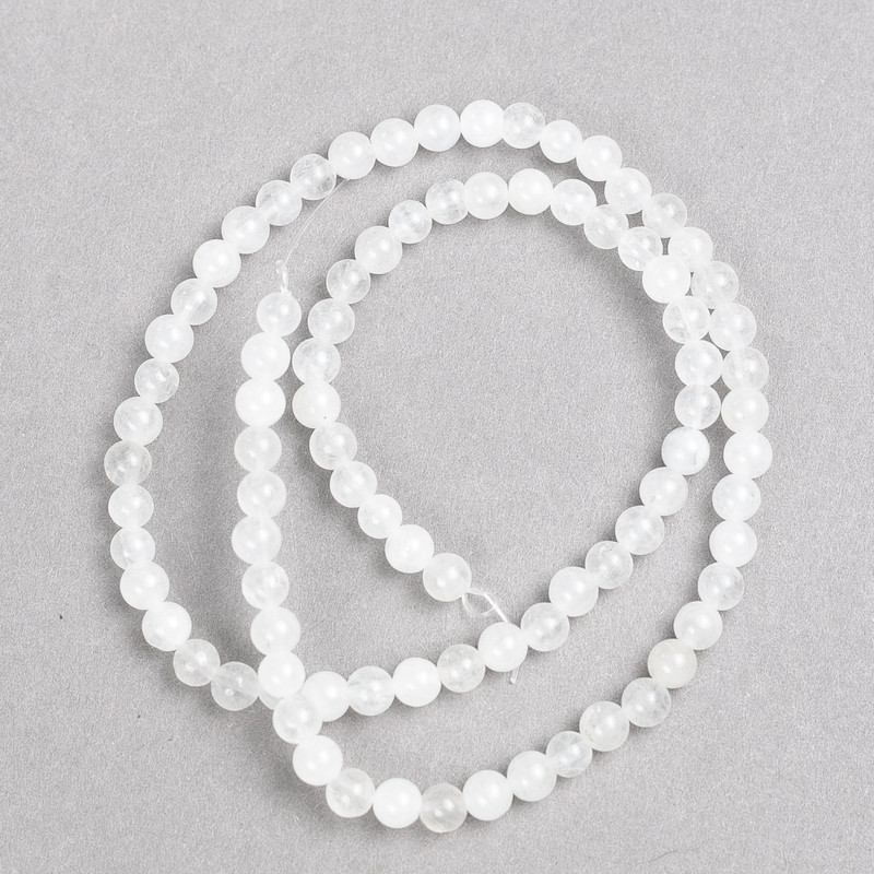 White Quartz Beads on Beading Thread, Smooth Round Balls, 4mm Diameter, 38 cm Length