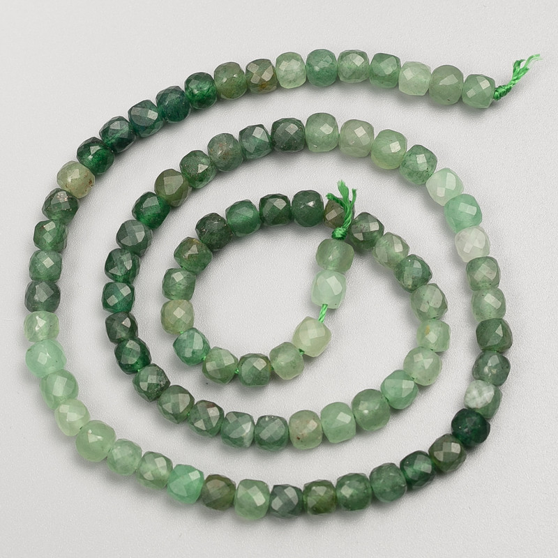Nephrite natural stone beads, faceted cube on thread, 5mm diameter ±, 38cm length ±