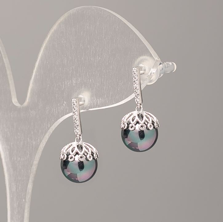 Xuping Earrings with Mallorca Pearls, Black with Petrol Tint, 9 mm Pearl Diameter, 18 mm Length, Rhodium Plating