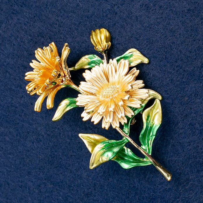Brooch-pendant Daisy Flowers enamel, golden metal 63x50mm