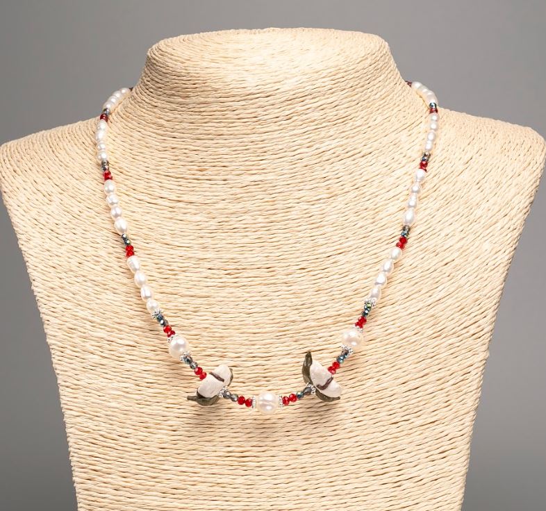 Necklace made of natural freshwater pearls, Czech crystal, and polymer clay, length 49 cm