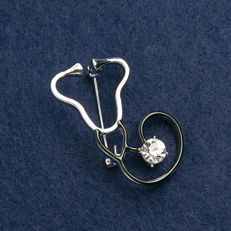 Stethoscope Brooch in Black Enamel with White Stone, Silver Metal 44x25 mm
