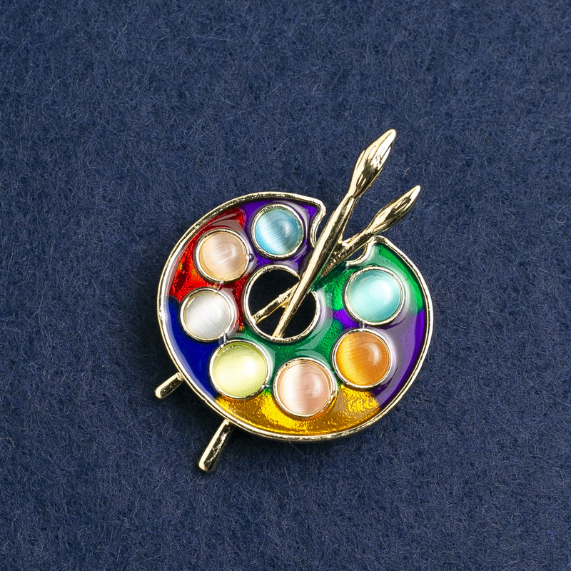 Palette Brooch, multicolored enamel, golden metal 46x34mm