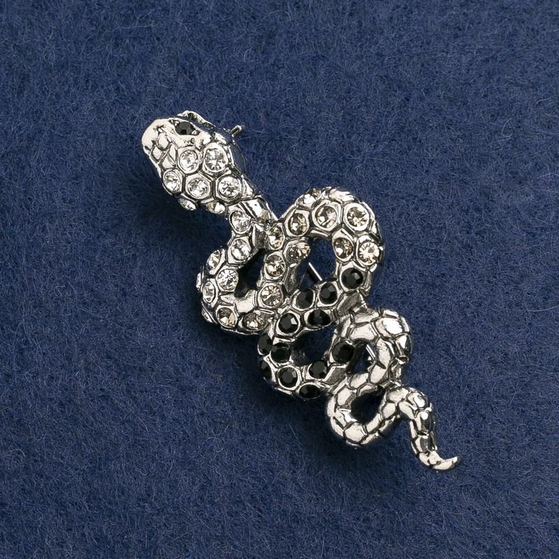 Snake Brooch with White and Black Rhinestones, dark-silver metal 55×25 mm