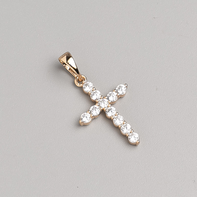Xuping Cross Pendant with 18K Gold Plating and White Crystals, 19×14 mm diameter, 26 mm length
