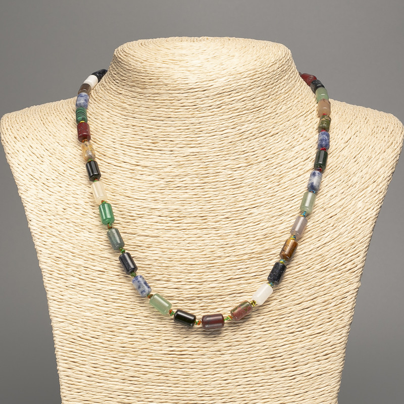 Beaded Necklace 'Assortment' of Natural Stone, Smooth Cylindrical Beads, diameter 10x6 mm +-, length 48 cm +-