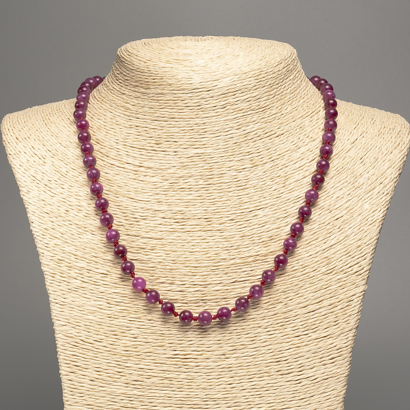 Burgundy 'Tourmaline' Necklace with Smooth Beads, 6 mm Diameter, About 50 cm Long, White Nephrite Stone (synthetic dyed)