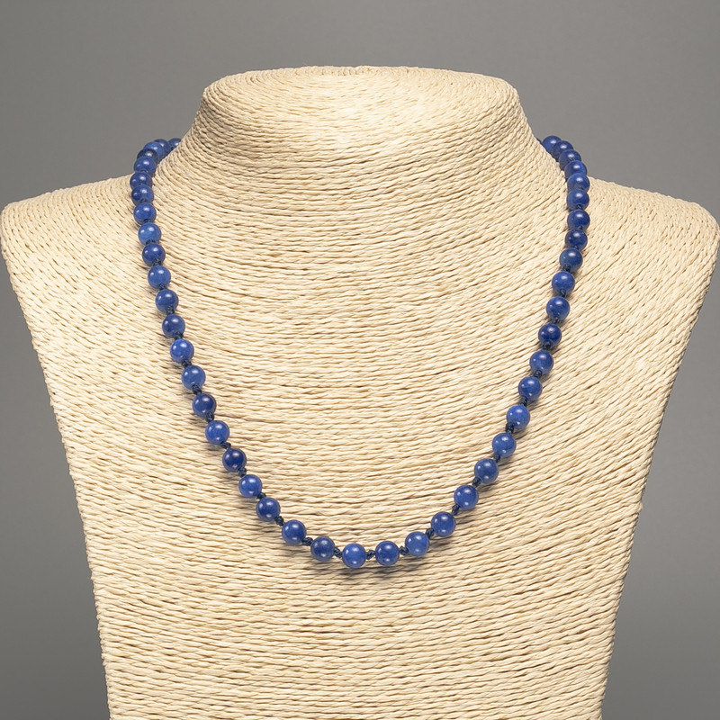 Blue Lazurite Necklace with smooth beads, 6 mm diameter, approximately 50 cm long, made from white nephrite (synthetically dyed)