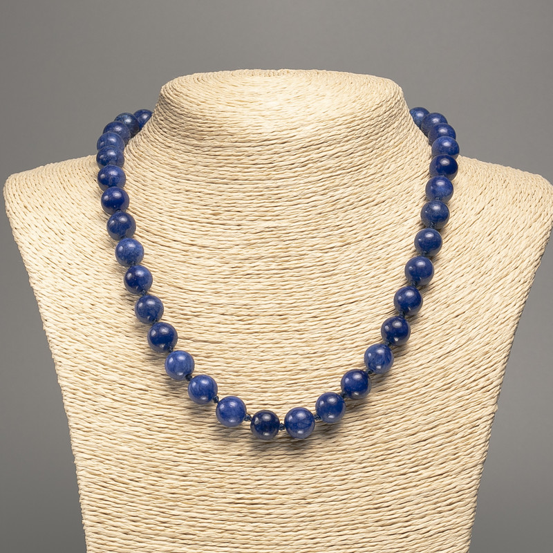 Blue Lazurite Necklace with Smooth Beads, 10 mm Diameter, 50 cm Length, Made of Synthetic Dyed White Nephrite