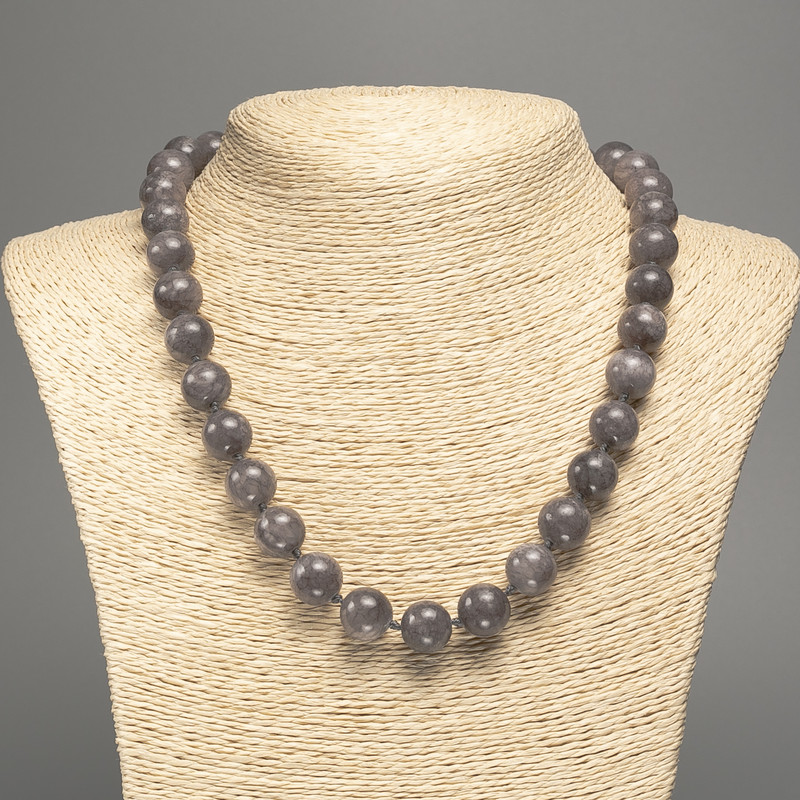 Necklace 'Lavrikite' — smooth beads, 12 mm in diameter, 50 cm long, made of white nephrite (synthetic dyed)