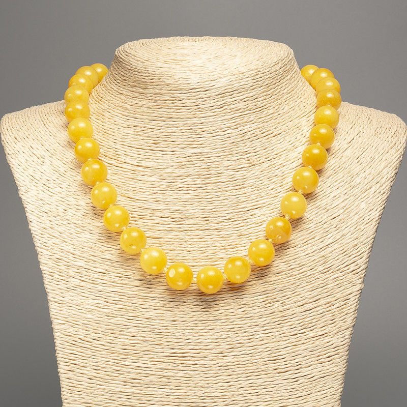 Necklace Citrine Yellow - Smooth Bead, 12 mm diameter, 50 cm length; white nephrite (synthetically dyed)