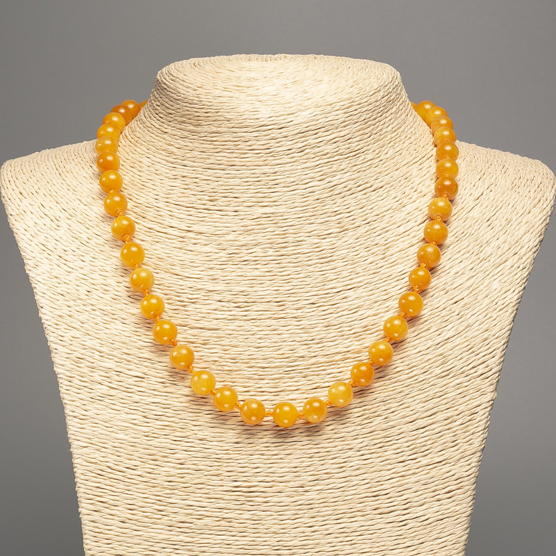 Necklace with orange-yellow 'Amber' smooth beads, 8 mm in diameter, 50 cm long, made of white nephrite (synthetic dyed)