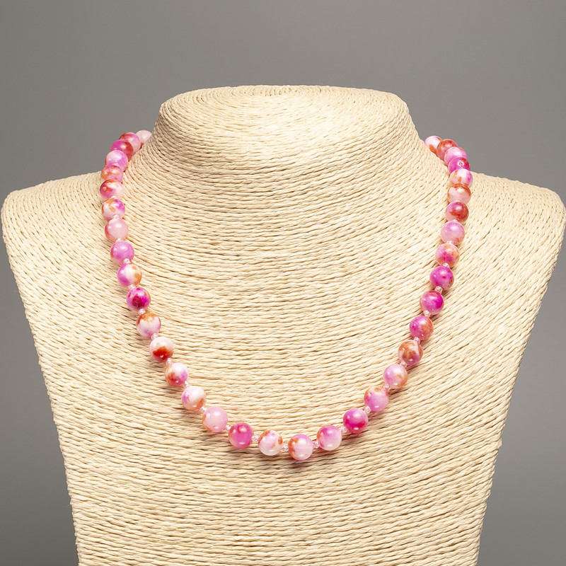Necklace 'Colors of Summer' with smooth beads in white, yellow, and magenta, 8 mm in diameter, approximately 50 cm long, made from white nephrite (synthetically dyed)