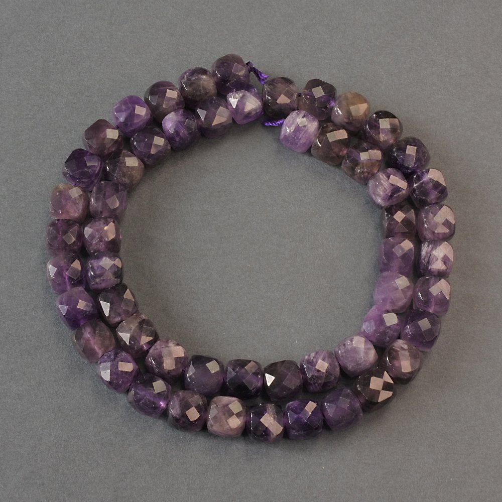 Amethyst Beads, Natural Stone, Faceted Cube on a Thread, Diameter 7 mm ±, Length 38 cm ±