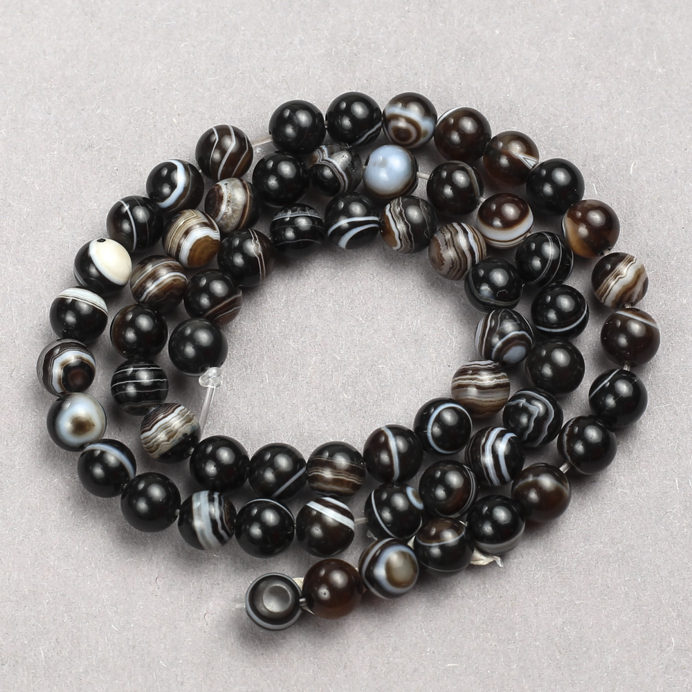 Beads of Dark Brown Agate — Smooth Bead on Beading Thread, Diameter About 6 mm, Length About 38 cm