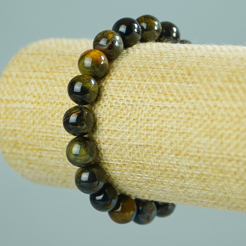 Bracelet of tiger's eye and falcon's eye natural stone, smooth beads, diameter 10(±)mm, length 18cm (stretch)