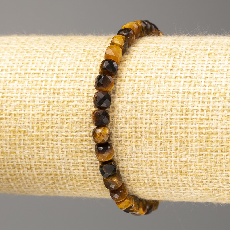 Tiger's Eye Bracelet, Natural Stone, Faceted Cube 5×5 mm, Length 18 cm (Stretch)