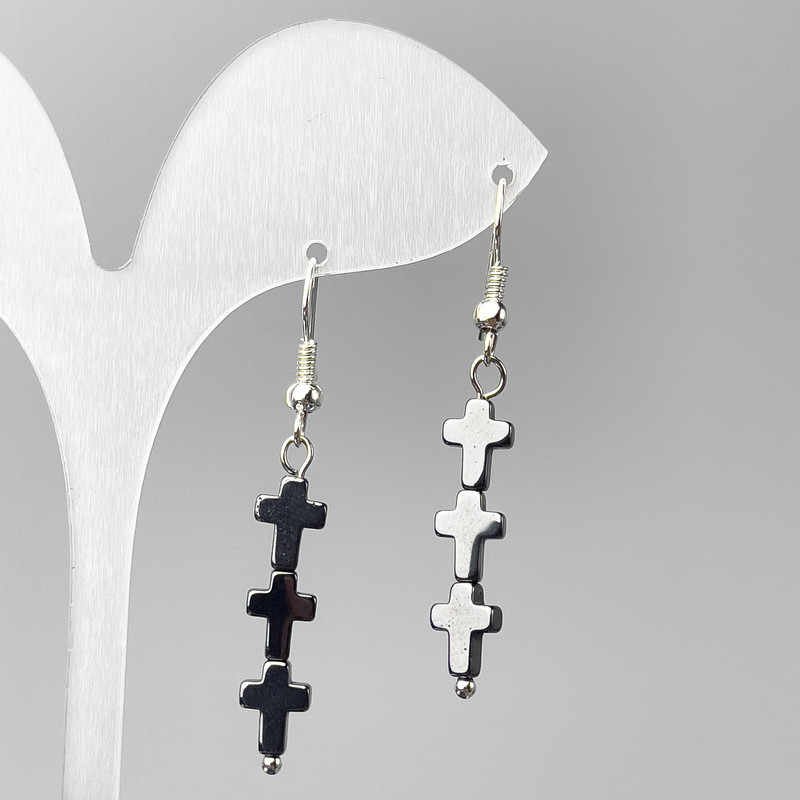 Hematite Cross Earrings, diameter 6.5×26 mm, length 47 mm