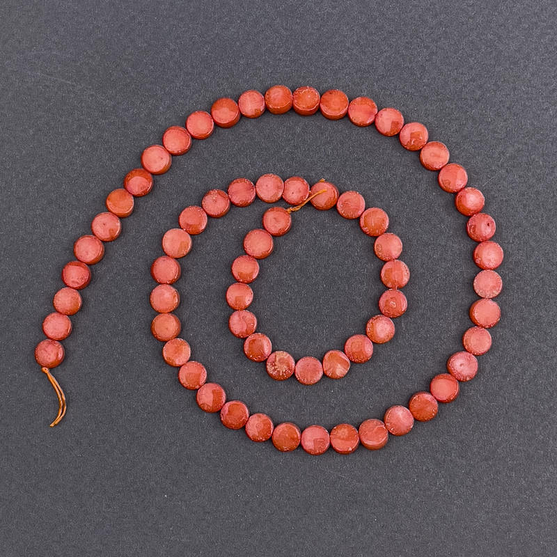 Orange natural coral coin beads, 6x3 mm, length 40 cm on thread